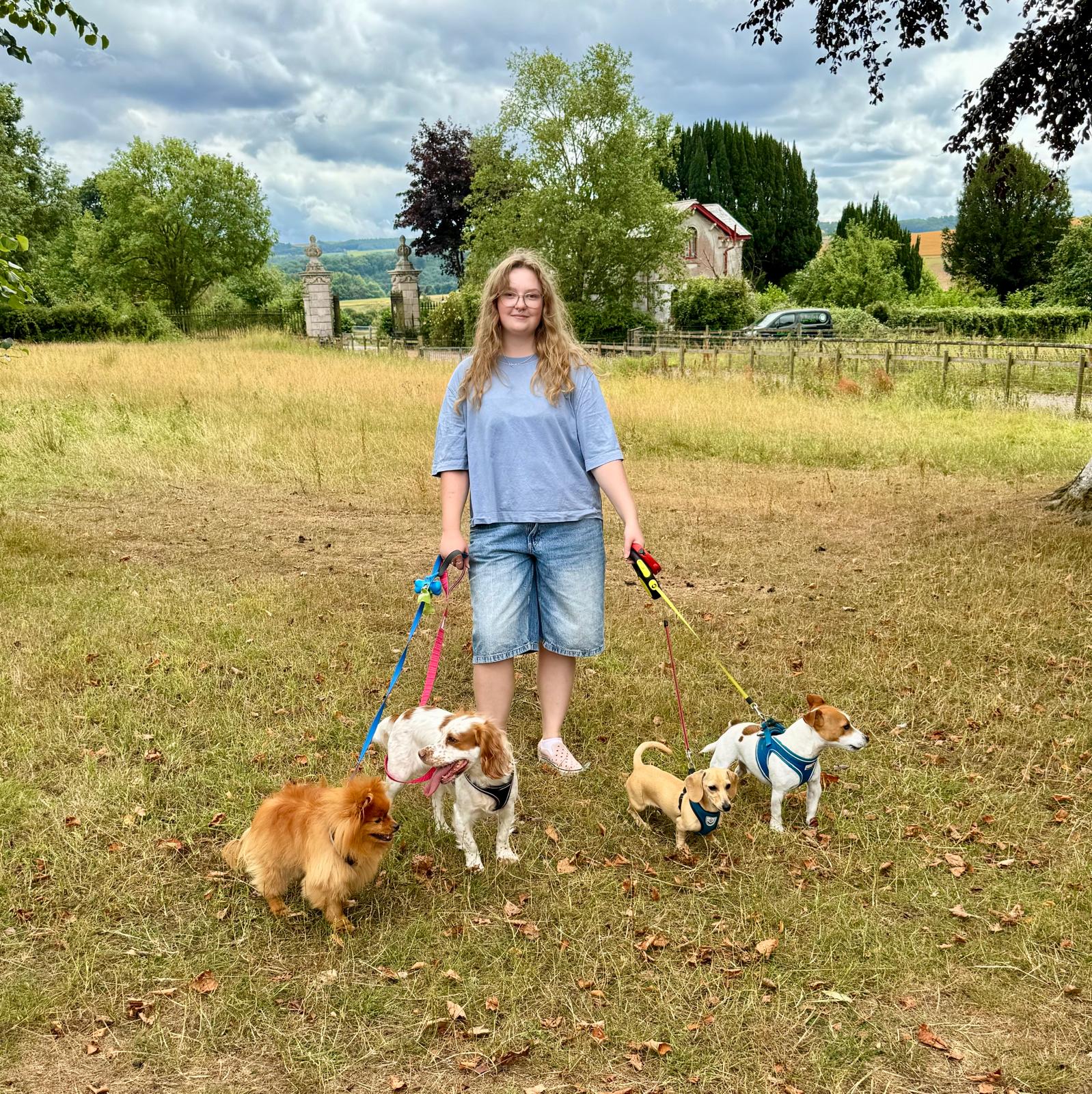 Zoe with four dogs on a 'one of the pack' walk